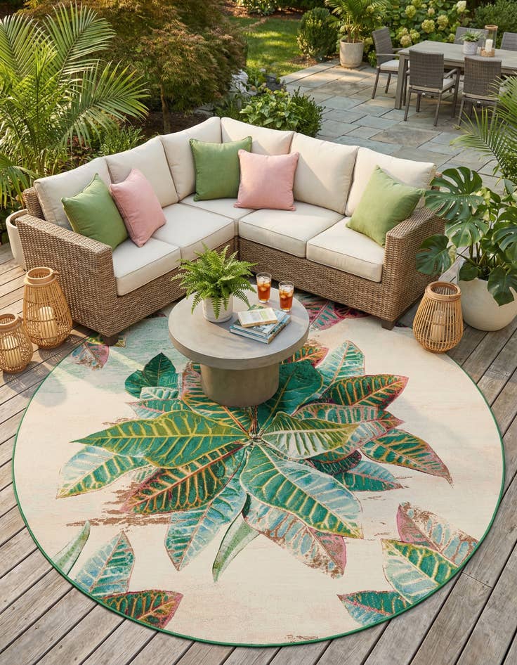 Detail image of 10' x 10'  Washable Botanical Indoor / Outdoor Round Rug