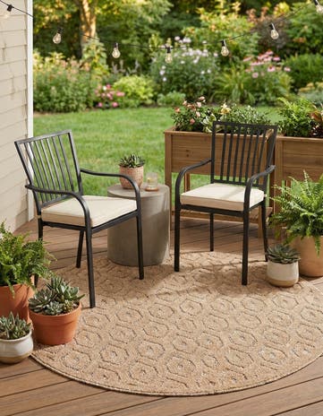 Beige Easy-Clean Trellis Textured Indoor / Outdoor Round Rug
