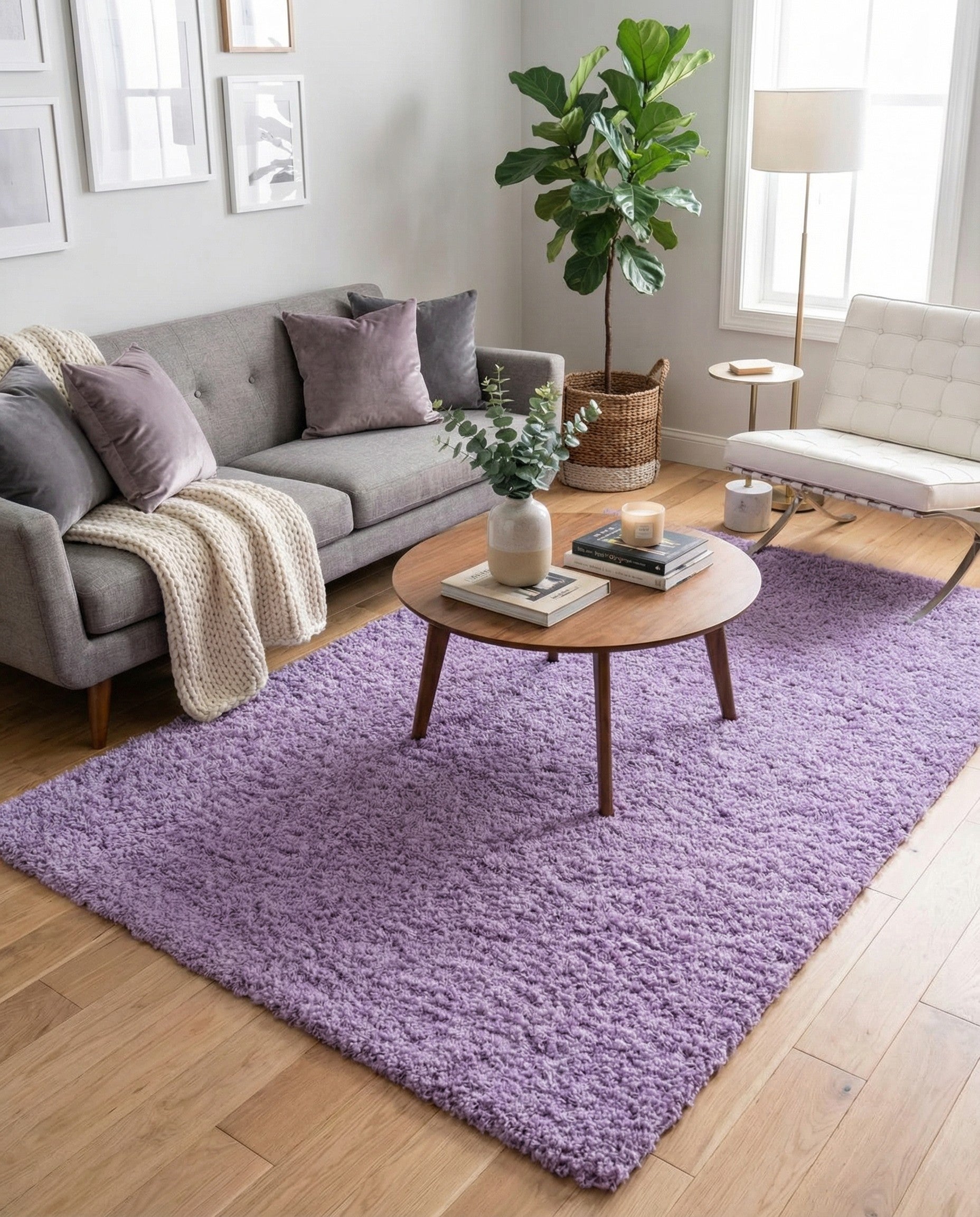 A soft, plush 7x10 rectangular shag rug in a vibrant lavender purple color, ideal for a modern living room or bedroom.