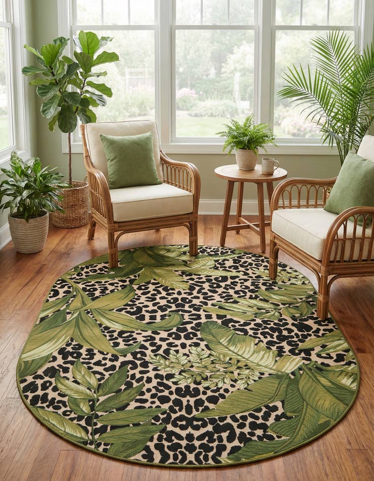 Detail image of 5' 3 x 8'  Washable Botanical Indoor / Outdoor Oval Rug