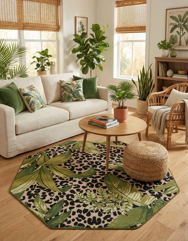 Detail image of  5' 3 x 5' 3  Washable Botanical Indoor / Outdoor Octagon Rug