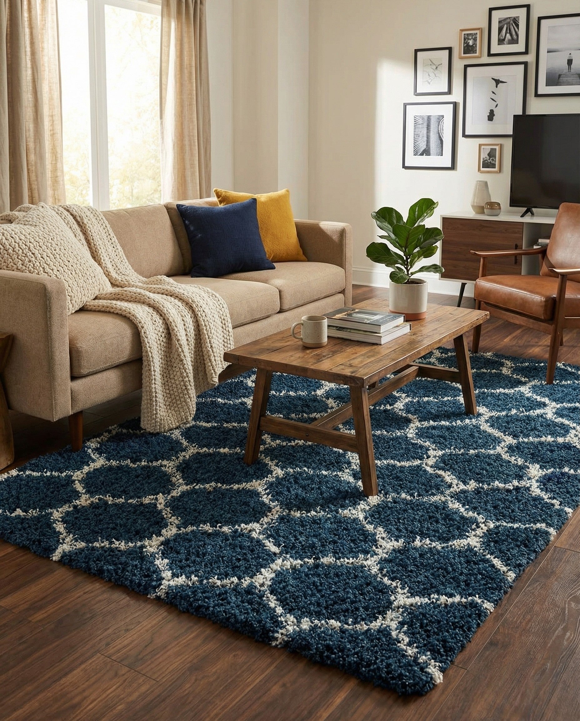 A 5x8 rectangular navy blue shag rug with a white modern lattice pattern, featuring a textured high/low pile.