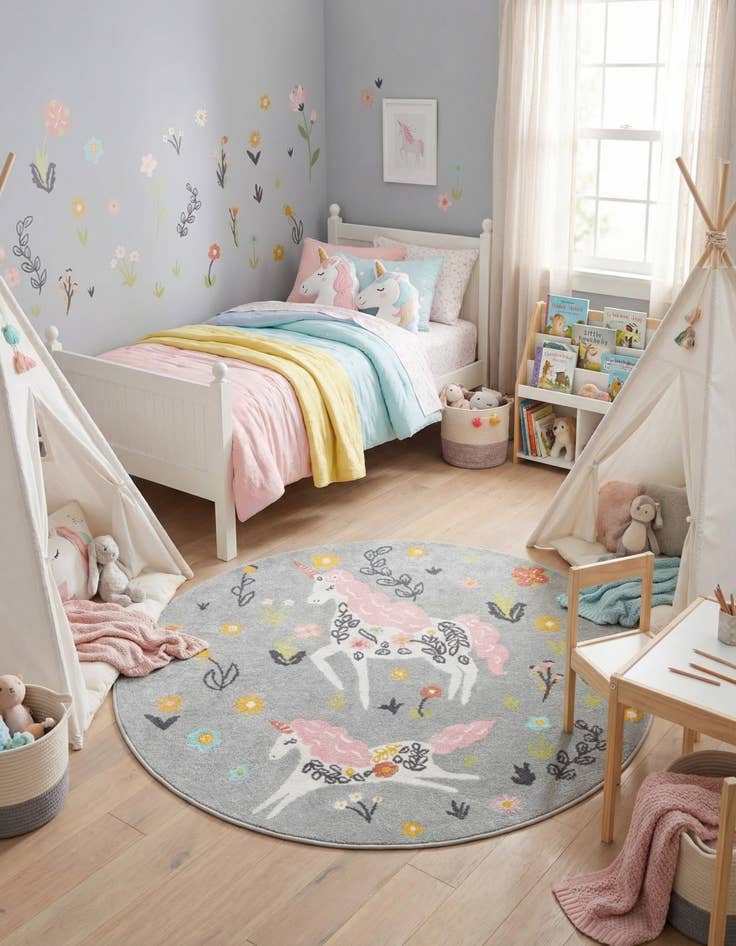 Detail image of 5' 3 x 5' 3 Unicorns Whimsy Kids Round Rug