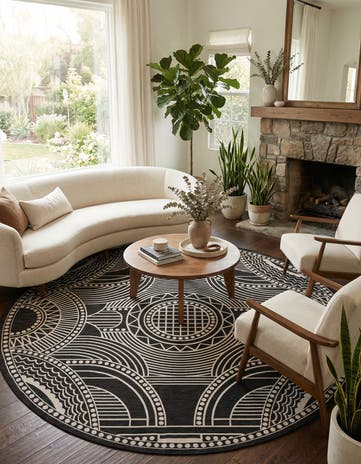 Black and White Easy-Clean Traditional Indoor / Outdoor Round Rug