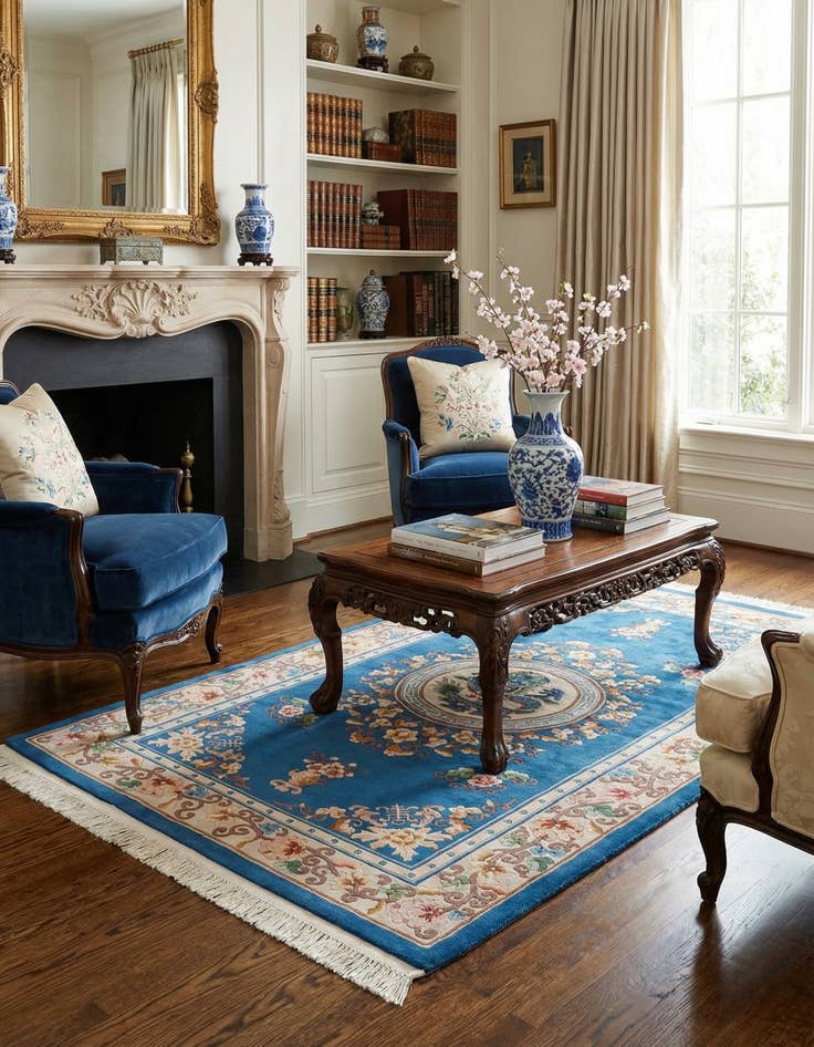 Detail image of  4' 11 x 8' 4  Hand Knotted Carved Pekin Wool Rug