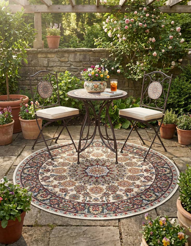 Detail image of 3' 3 x 3' 3  Washable Traditional Indoor / Outdoor Round Rug