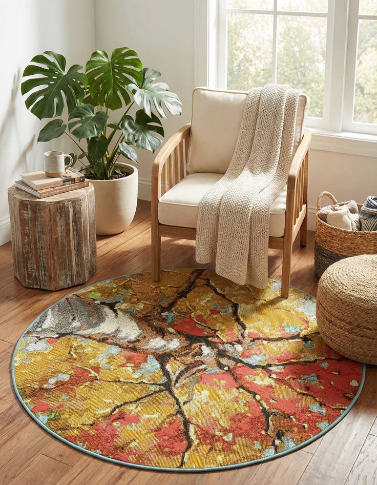 Detail image of  3' 3 x 3' 3  Washable Botanical Indoor / Outdoor Round Rug
