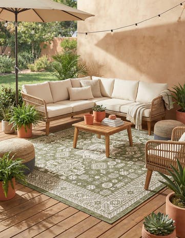 Green Easy-Clean Aztec Indoor / Outdoor Square Rug