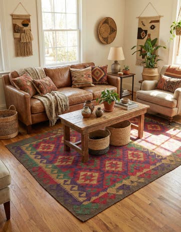 4' 9 x 8' 8 Hand Woven Kilim Maymana Wool Rug