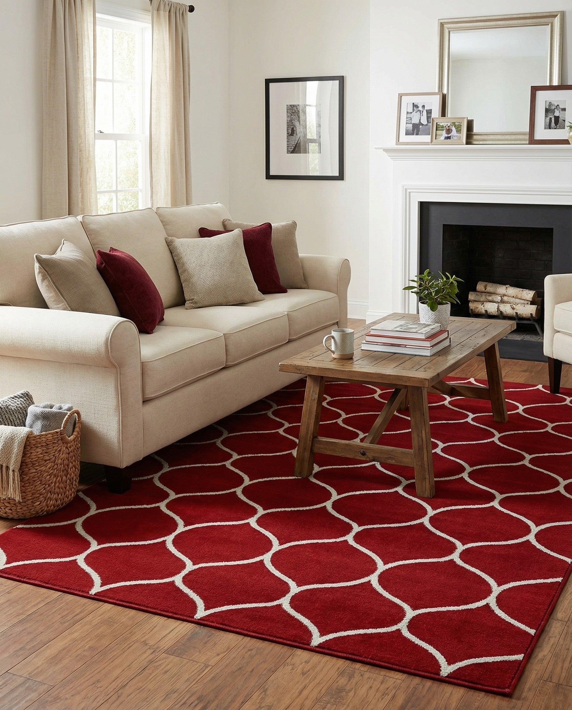 A 7x10 rectangular red rug with a modern white trellis pattern, suitable for a living room.