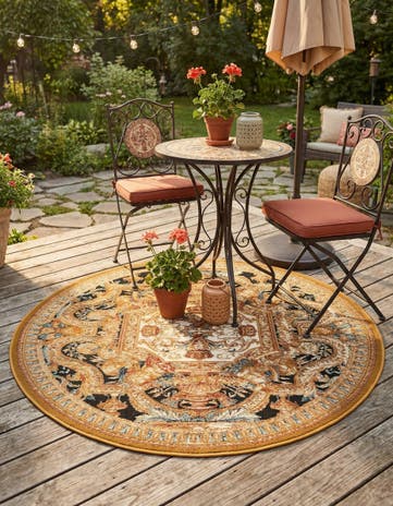 Black Gold Brown Easy-Clean Traditional Indoor / Outdoor Round Rug