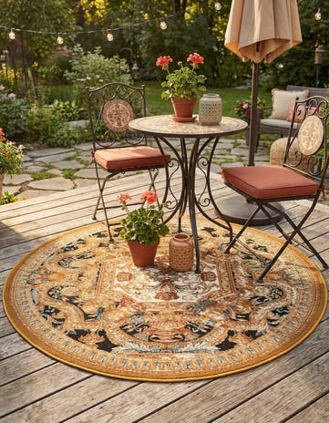 Black Gold Brown Easy-Clean Traditional Indoor / Outdoor Round Rug