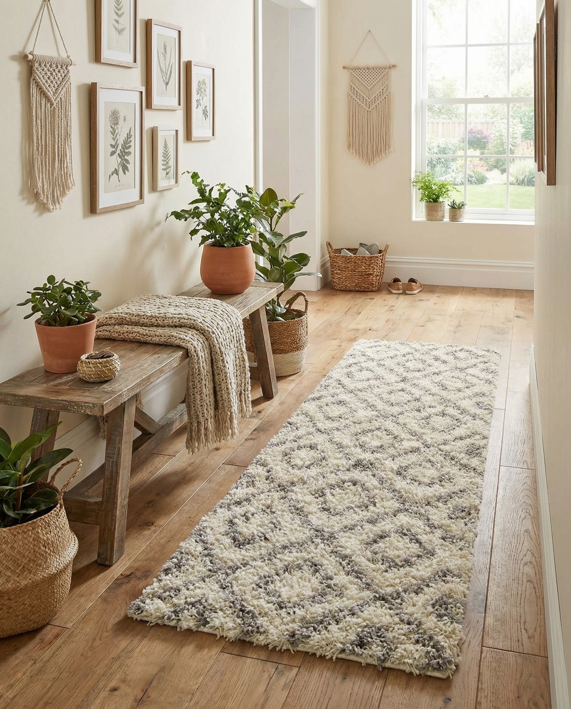 A 5 ft runner rug with a high/low textured pile, featuring a modern geometric lattice pattern in ivory and gray.