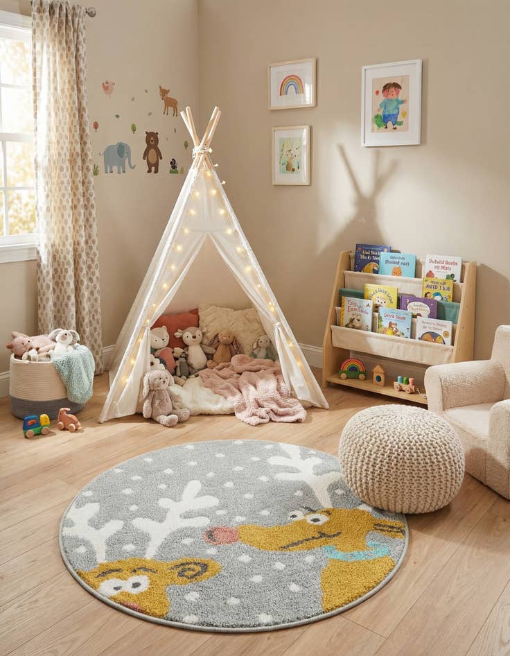 Detail image of 2' 2 x 2' 2 Reindeer Whimsy Kids Round Rug
