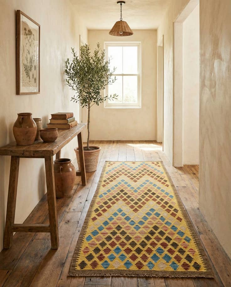 Detail image of 2' 6 x 6' 5 Hand Woven Kilim Maymana Wool Runner Rug