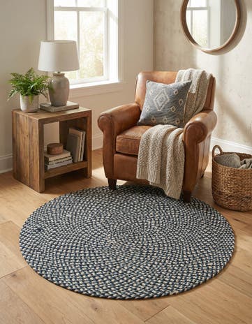 Navy Blue Handmade Tweed Braided Jute Round Rug