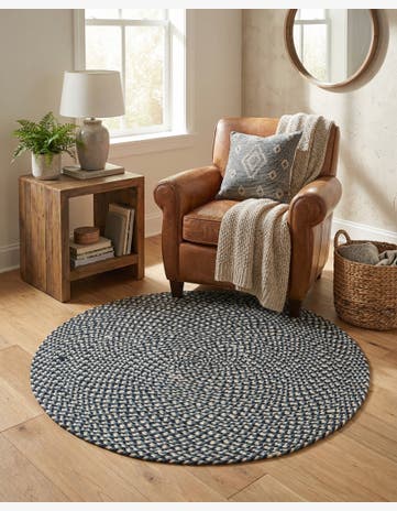 Navy Blue Handmade Tweed Braided Jute Round Rug