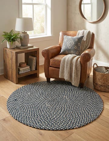 Navy Blue Handmade Tweed Braided Jute Round Rug