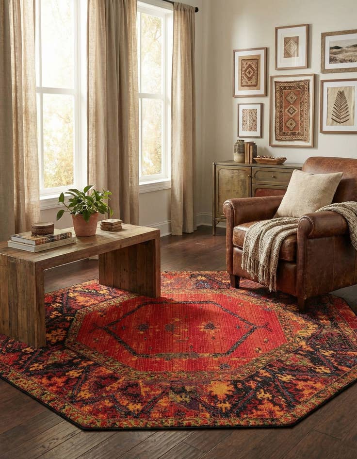 Detail image of 5' 3 x 5' 3  Washable Tribal Indoor / Outdoor Octagon Rug