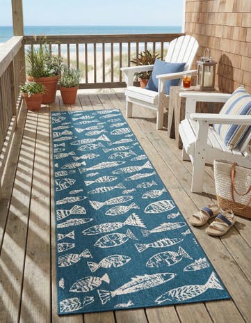 Blue Easy-Clean Coastal Indoor / Outdoor Runner Rug