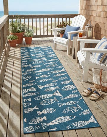 Blue Easy-Clean Coastal Indoor / Outdoor Runner Rug