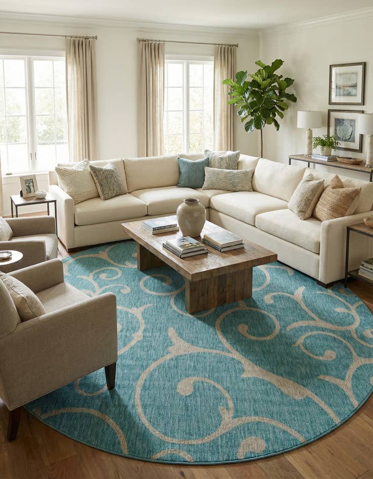 Detail image of  13' x 13'  Washable Botanical Indoor / Outdoor Round Rug