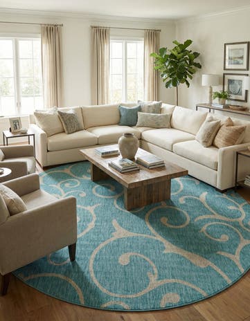 Light Aqua Easy-Clean Botanical Indoor / Outdoor Round Rug