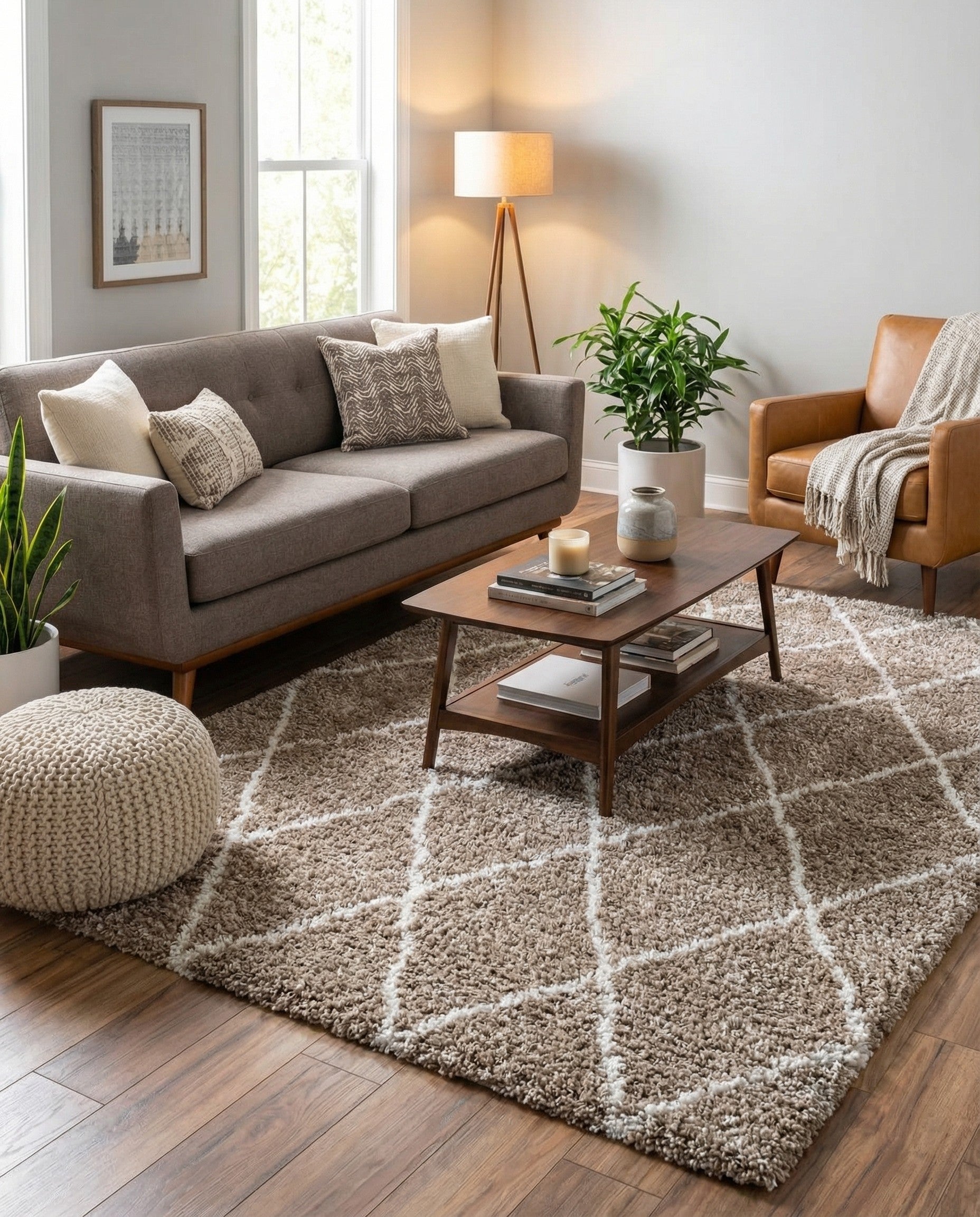 A 5x8 rectangular brown shag rug with an ivory diamond trellis pattern, ideal for a living room.