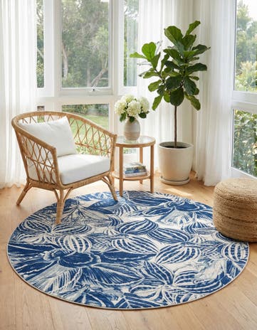 Navy Blue Blossom Round Rug