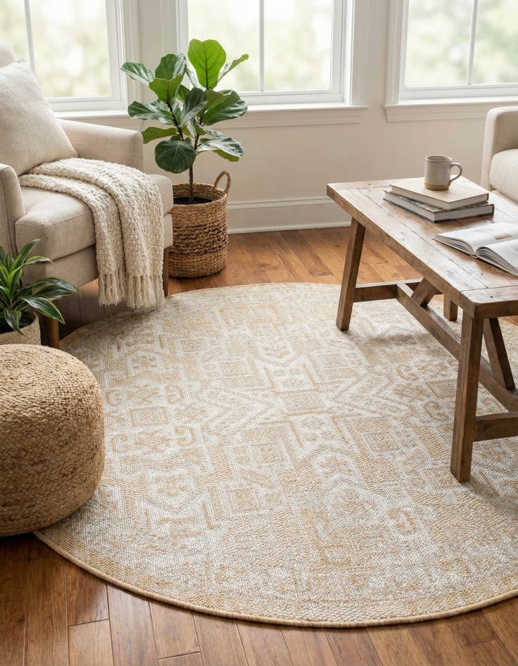 Detail image of 4' x 4'  Washable Aztec Indoor / Outdoor Round Rug