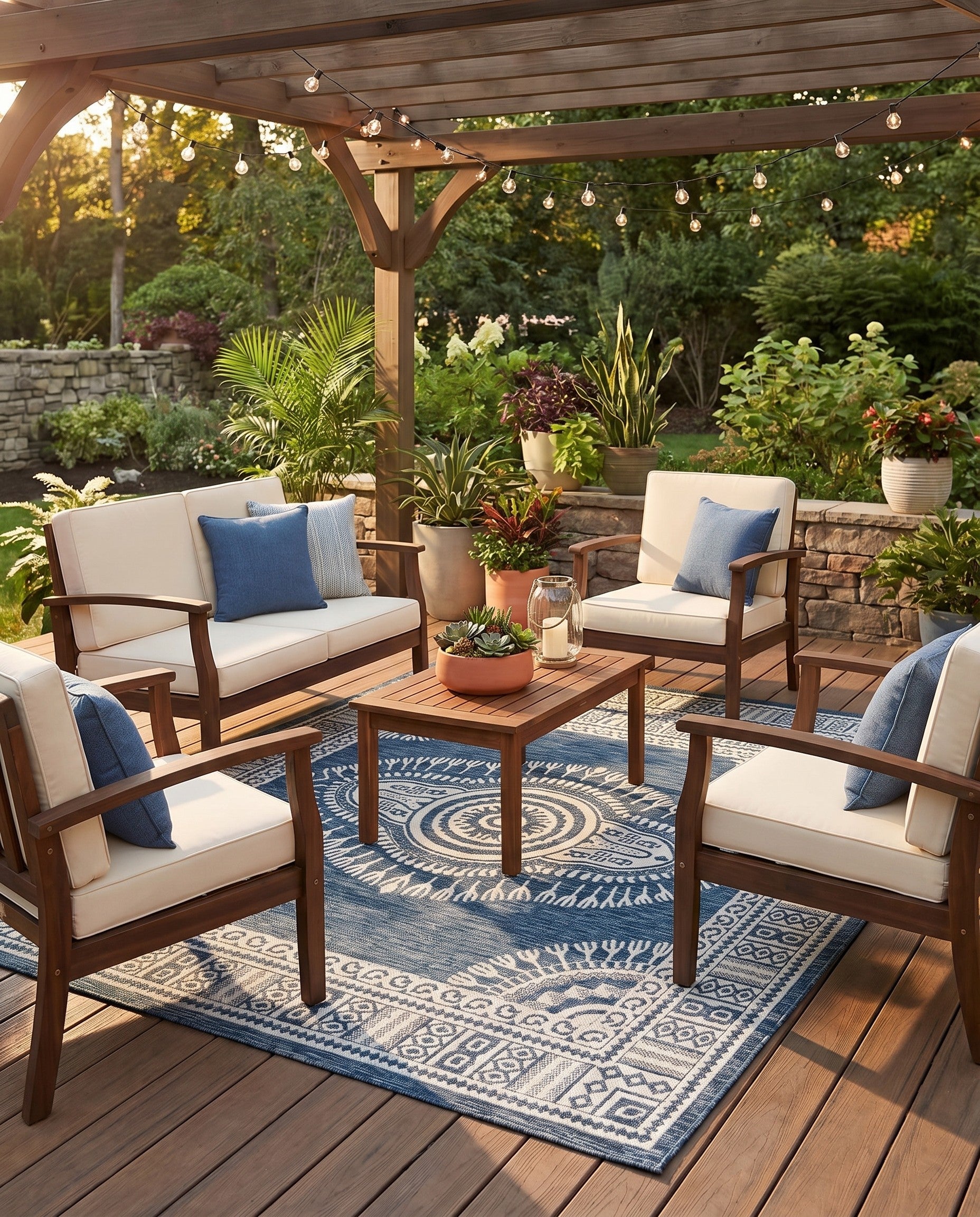 Blue Easy-Clean Traditional Indoor / Outdoor Square Rug