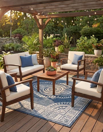 Blue Easy-Clean Traditional Indoor / Outdoor Square Rug