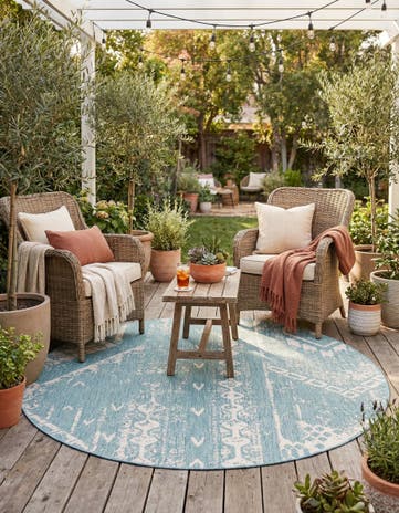 Light Aqua Easy-Clean Bohemian Indoor / Outdoor Round Rug