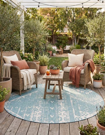 Light Aqua Easy-Clean Bohemian Indoor / Outdoor Round Rug