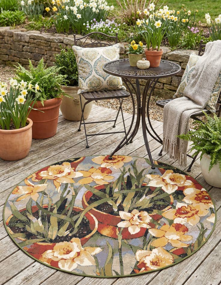 Detail image of 4' x 4'  Washable Botanical Indoor / Outdoor Round Rug