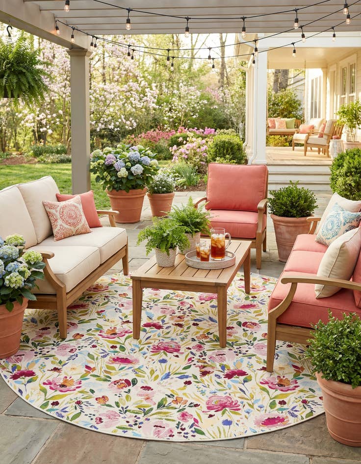 Detail image of 10' x 10'  Washable Botanical Indoor / Outdoor Round Rug