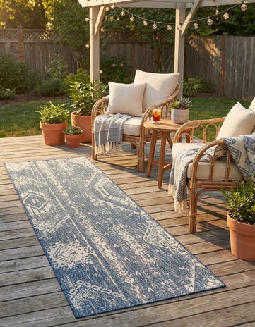 Blue Easy-Clean Bohemian Indoor / Outdoor Runner Rug