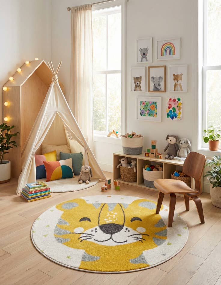 Detail image of  3' 3 x 3' 3 Tiger Whimsy Kids Round Rug