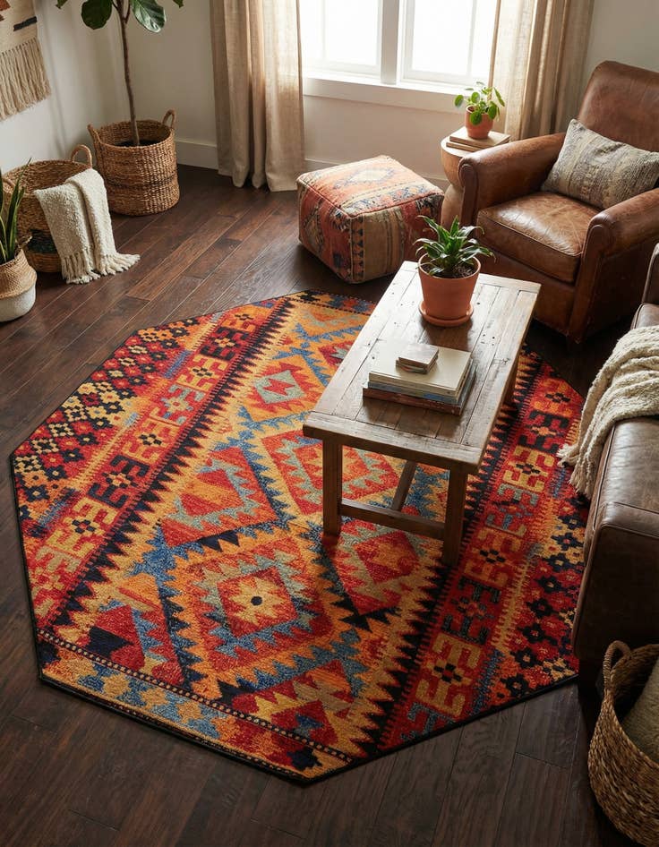 Detail image of 7' 10 x 7' 10 Easy-Clean Tribal Indoor / Outdoor Octagon Rug