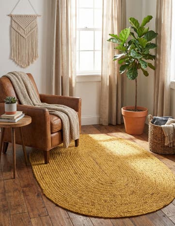 Yellow Handmade Braided Jute Oval Rug