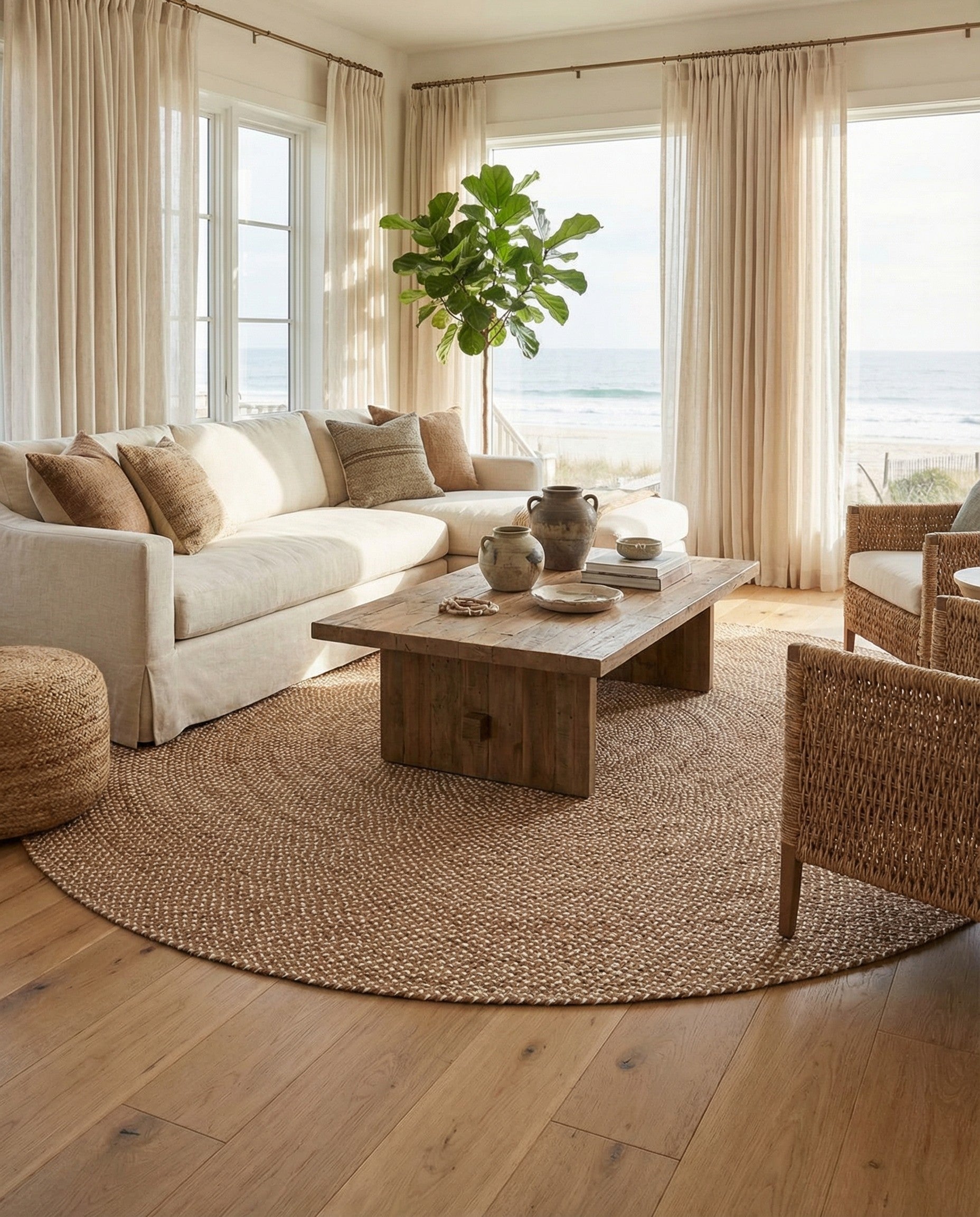 A 10-foot round braided jute rug in varying shades of brown and tan, featuring a modern, textured weave.