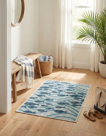 Blue Easy-Clean Coastal Indoor / Outdoor Rug