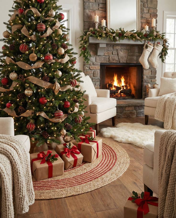 Detail image of 3' 7 x 3' 7 Hand Braided Christmas Tree Skirt