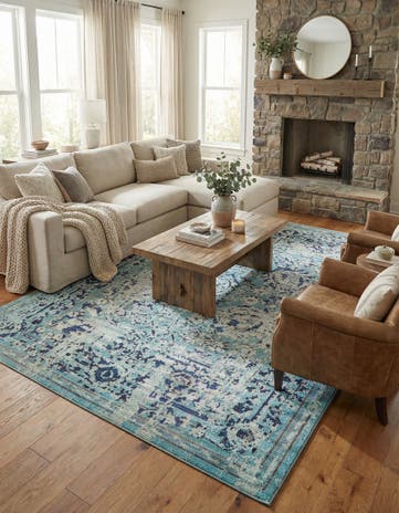 Light Blue Washable Fleur Rug