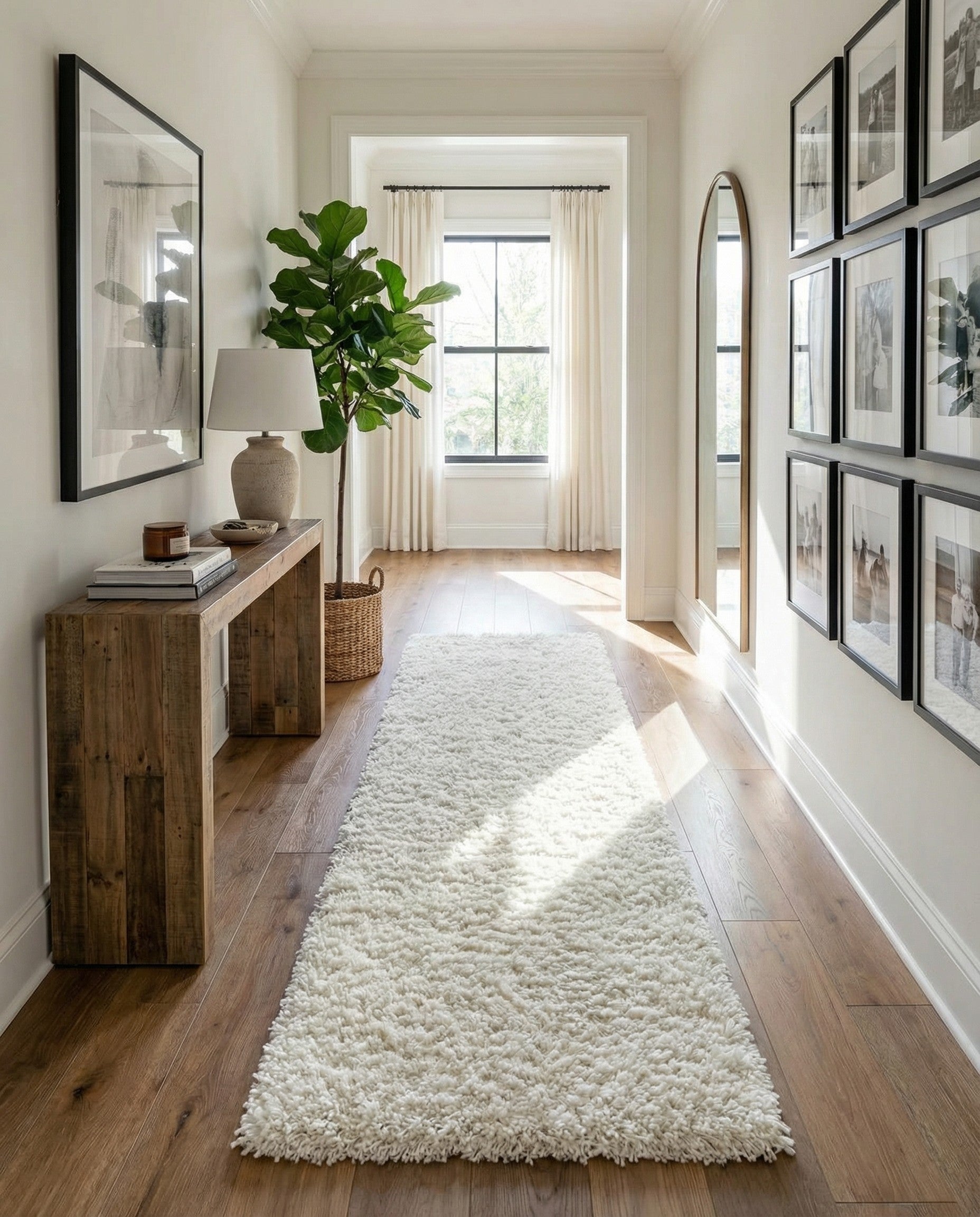 A long 16 ft runner rug from the Rugs.com Solid Shag collection in a textured white color, ideal for a hallway.
