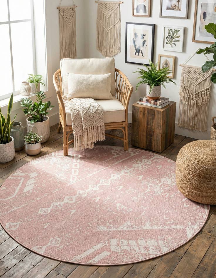 Detail image of 6' x 6'  Washable Bohemian Indoor / Outdoor Round Rug