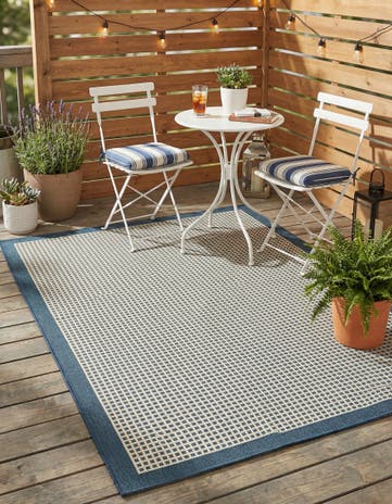 Navy Blue Easy-Clean Border Indoor / Outdoor Rug