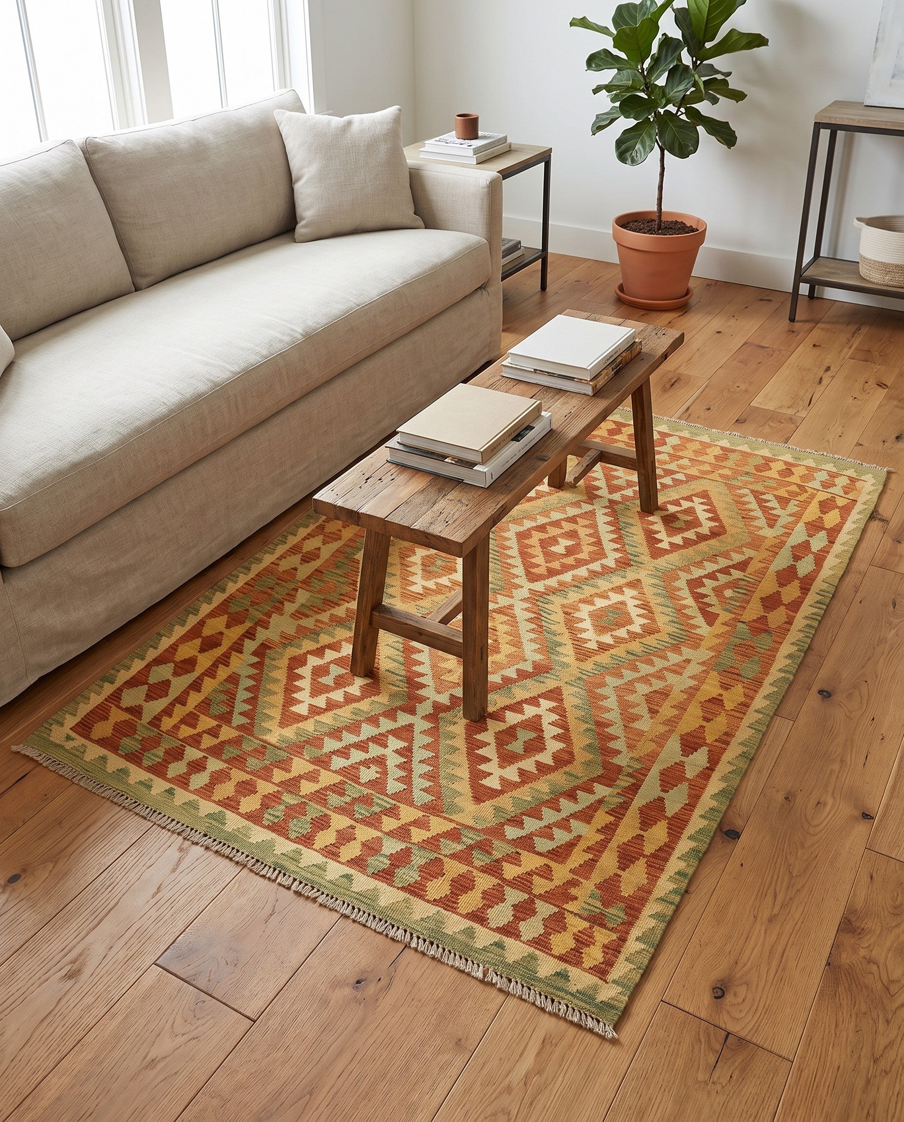 4' 3 x 5' 9 Hand Woven Kilim Waziri Wool Rug