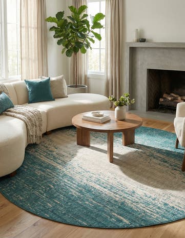 Teal Easy-Clean Modern Indoor / Outdoor Round Rug
