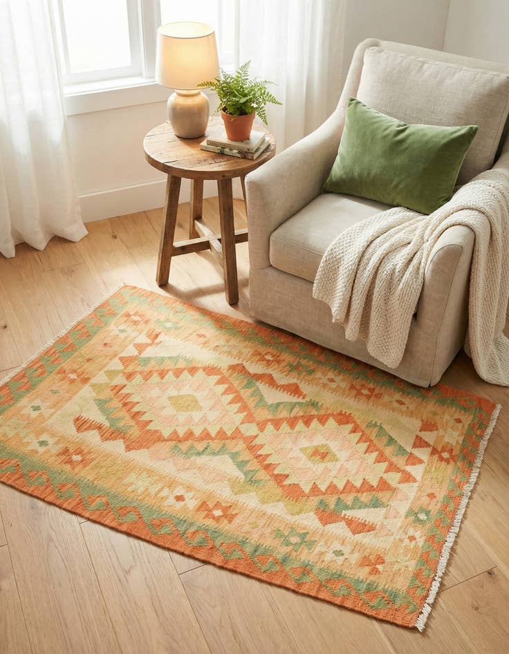 Detail image of 2' 7 x 4'  Hand Woven Kilim Waziri Wool Rug